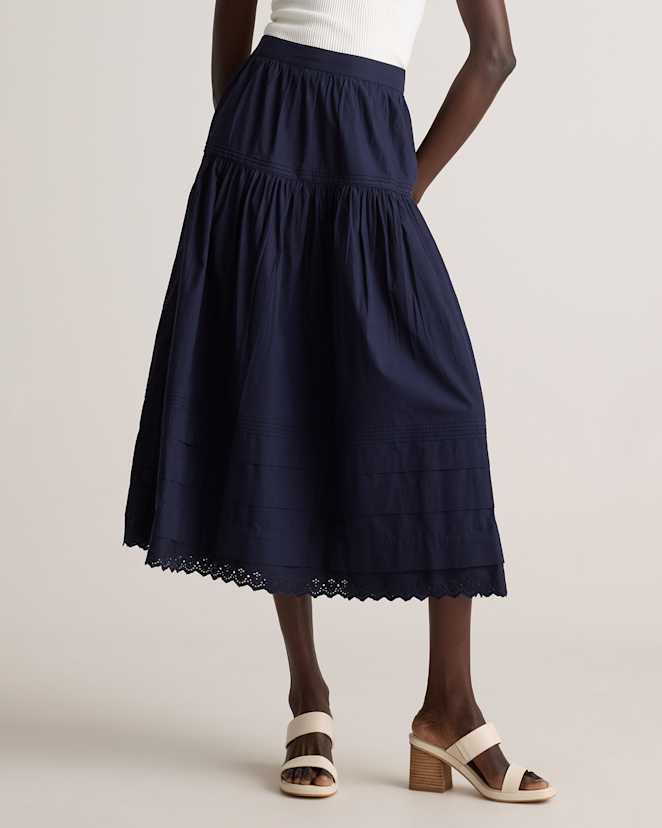 Navy 100% Organic Cotton Poplin Pintuck Maxi Skirt