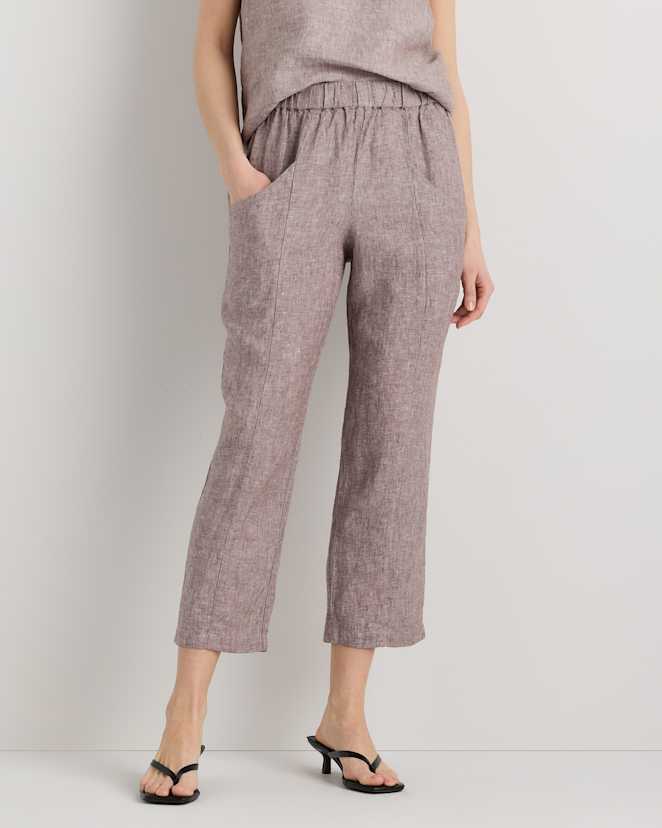 Taupe Brown Chambray 100% European Linen Tapered Ankle Pants