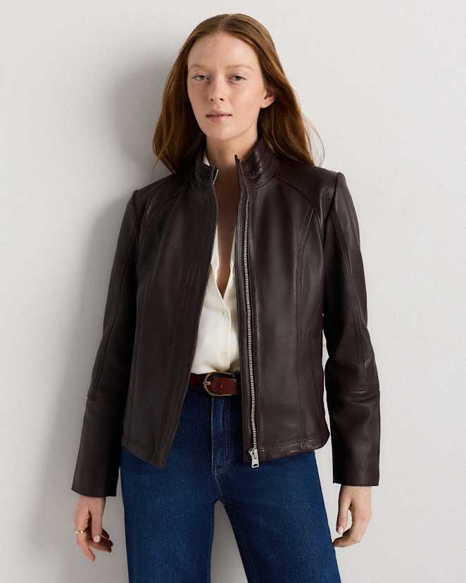 Rich Brown 100% Leather Stand-Collar Jacket