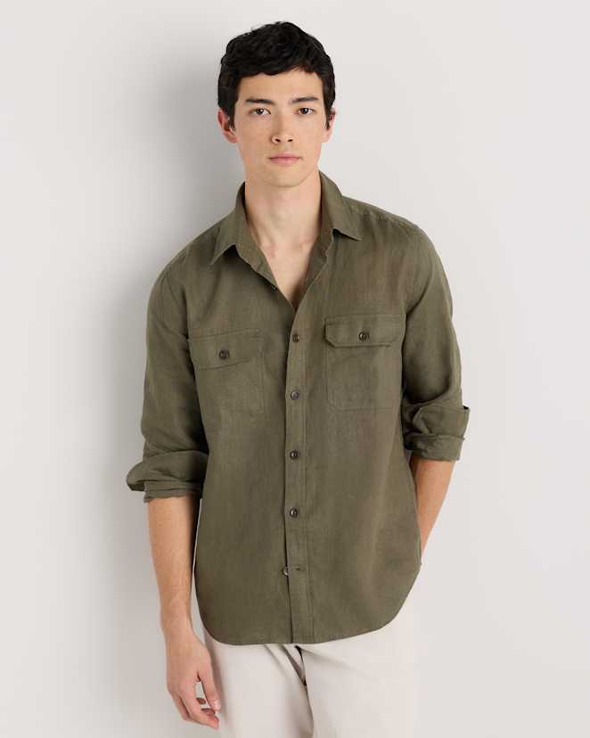 Bayberry Olive 100% European Linen Utility Shirt