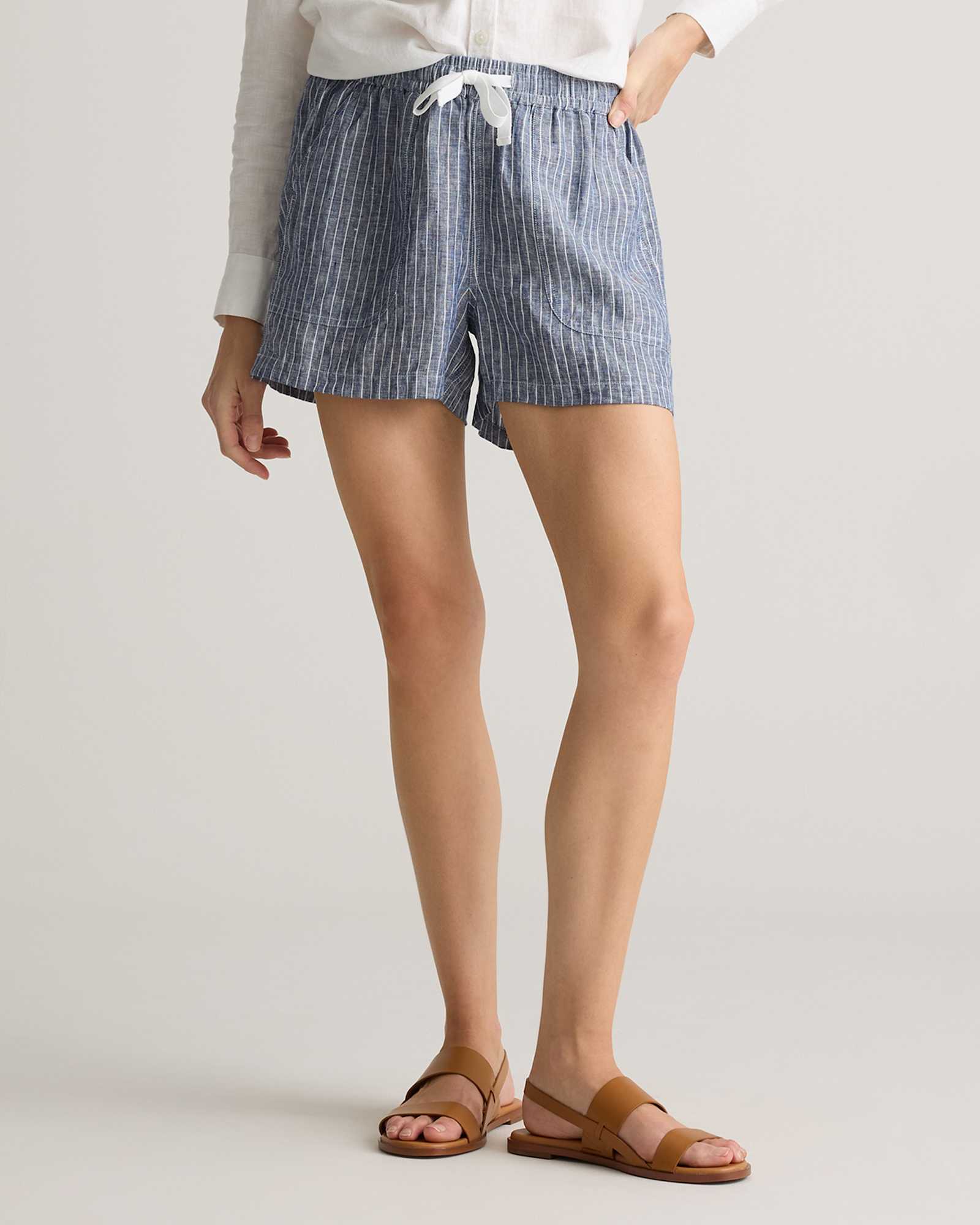 chambray-stripe 100% European Linen Shorts