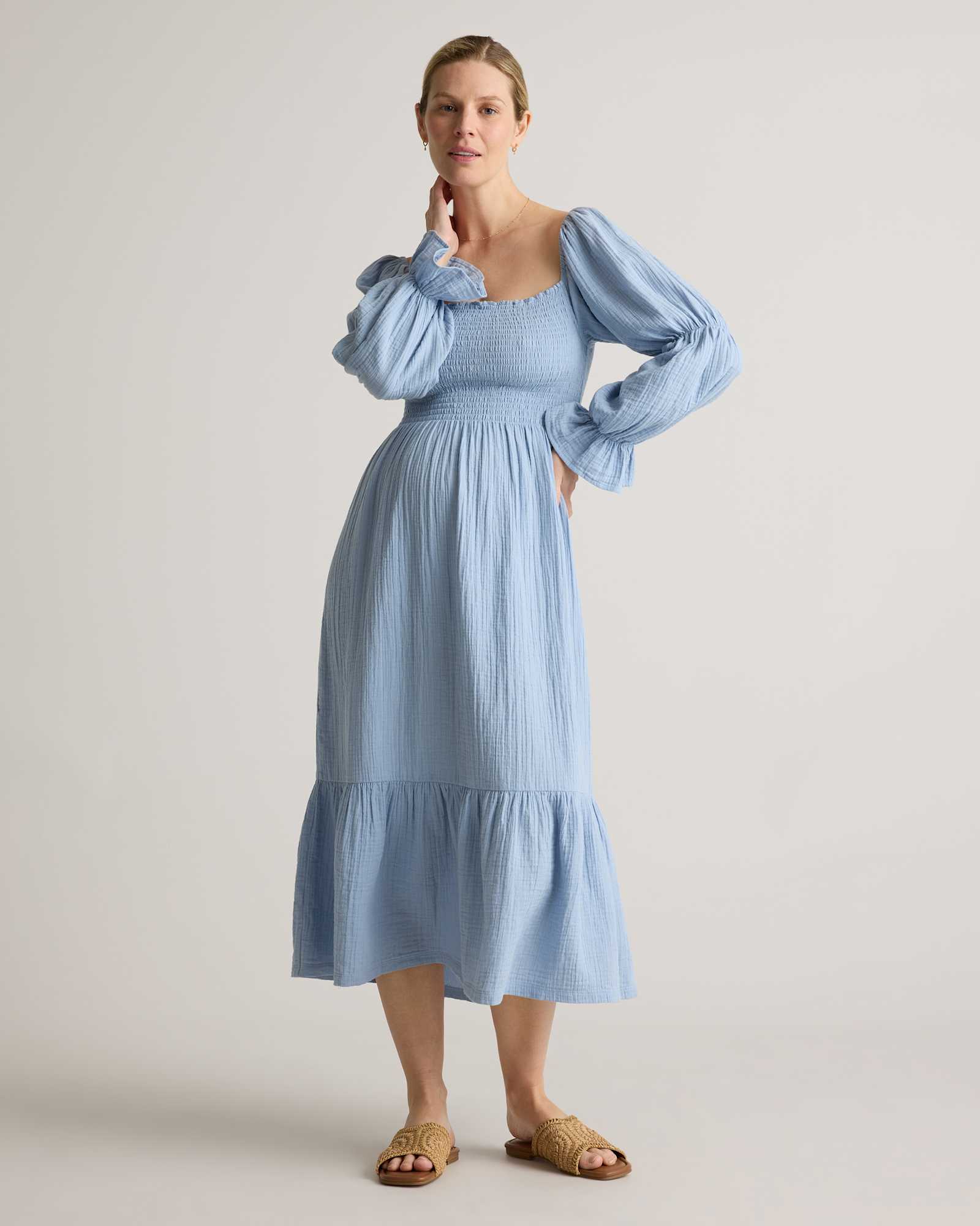 W--94-OCNBRZ-2929 EDITED ocean-breeze 100% Organic Cotton Gauze Maternity Smocked Midi Dress