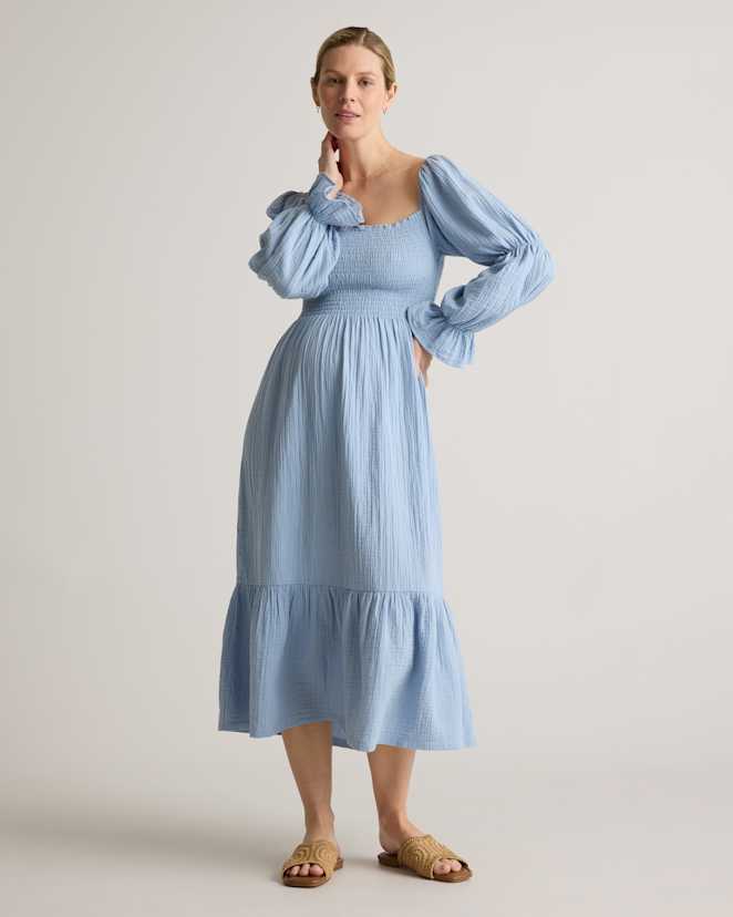 W--94-OCNBRZ-2929 EDITED Ocean Breeze 100% Organic Cotton Gauze Maternity Smocked Midi Dress
