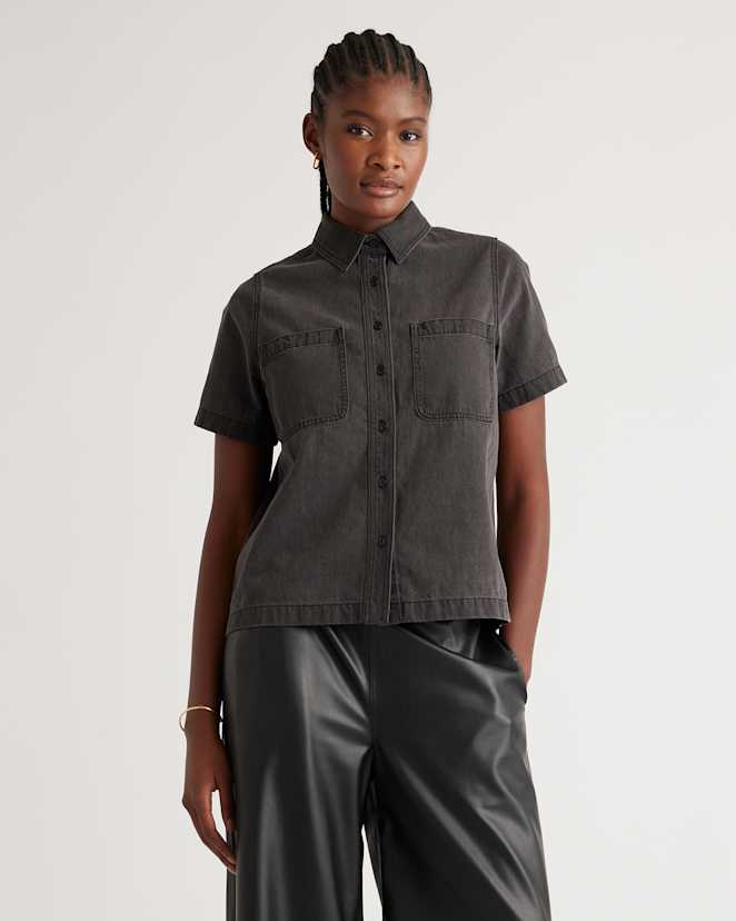 Washed Black Distressed Denim Short Sleeve Shirt