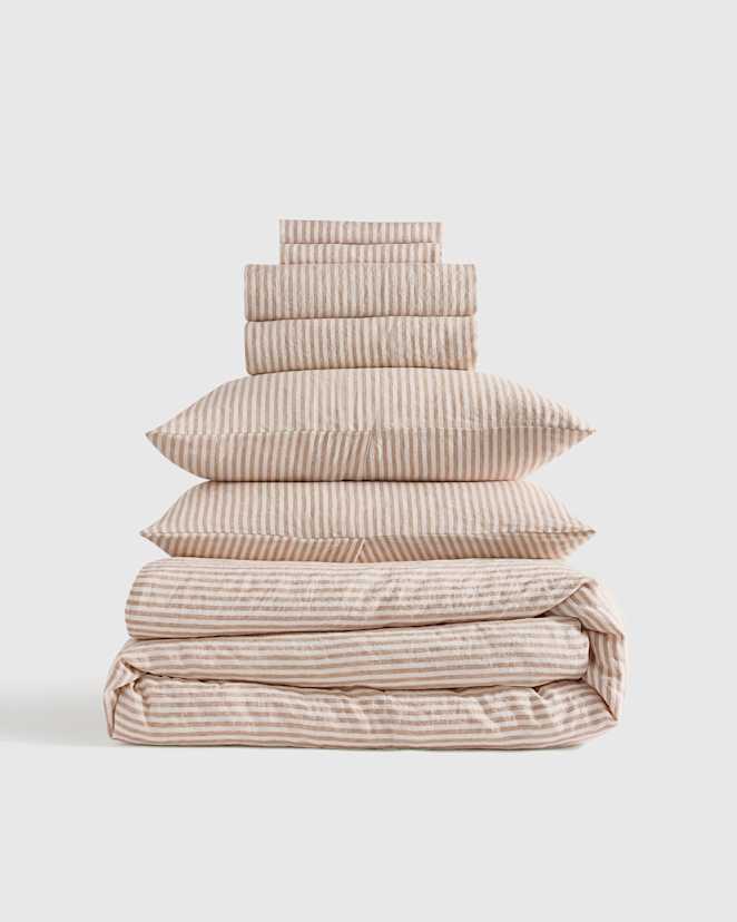 Latte/White Stripe European Linen Deluxe Bedding Bundle