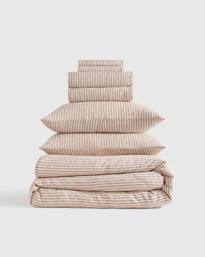 Latte/White Stripe European Linen Stripe Deluxe Bedding Bundle