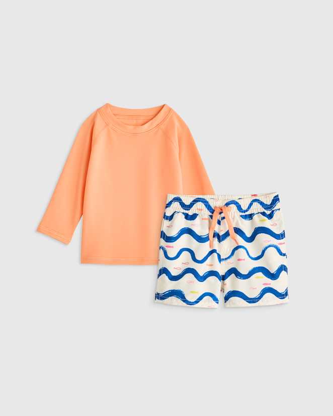 Wavy Fish Swim Trunk and Rash Guard Set