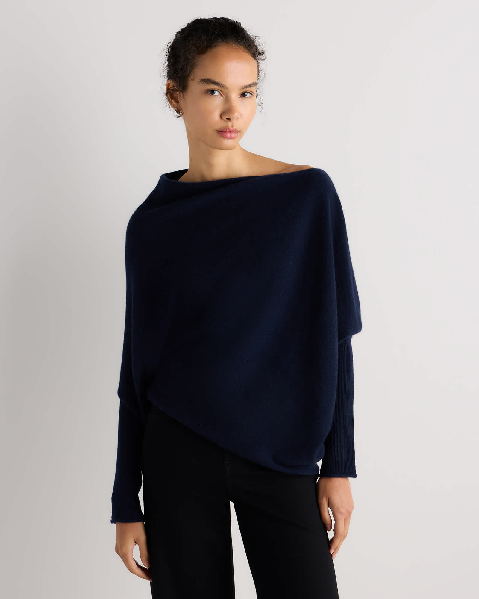 True Navy 100% Mongolian Cashmere Asymmetric Draped Sweater