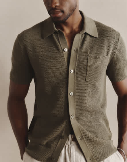 Bayberry Olive 100% Organic Cotton Mesh-Stitch Button-Up Sweater Polo