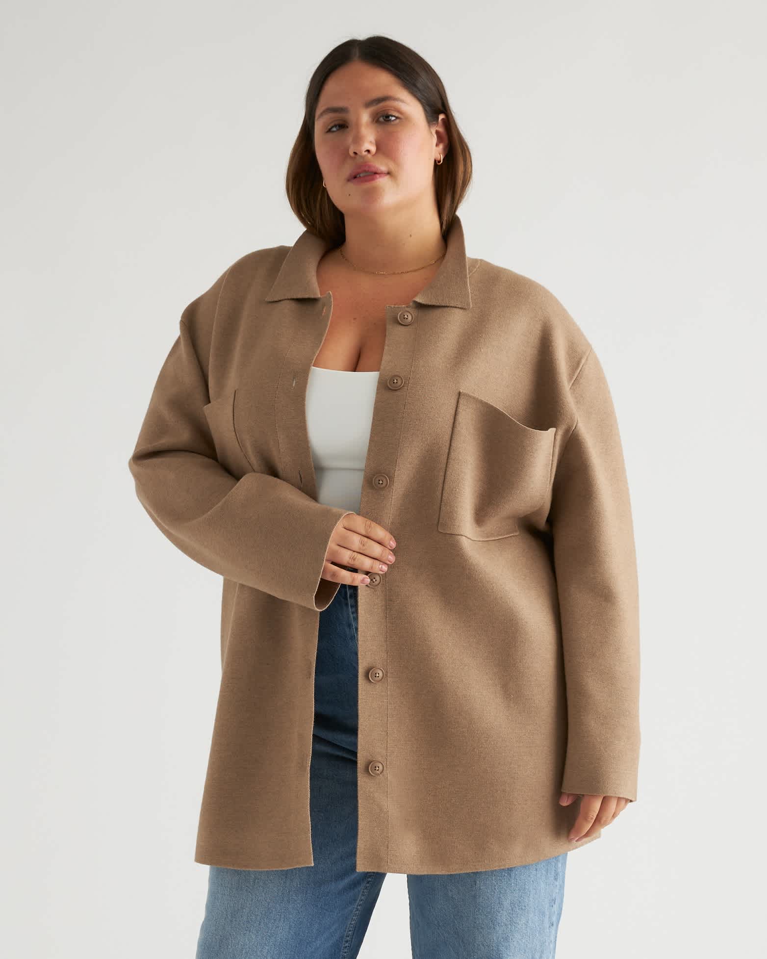 warm-taupe Eco-Knit Milano Stitch Oversized Shirt Jacket