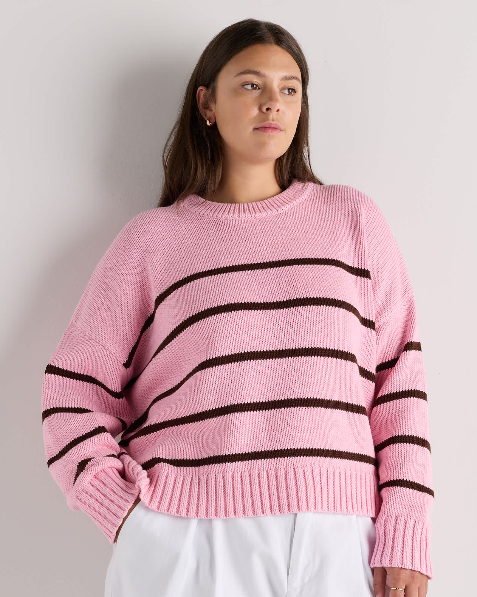 Bubblegum/Fudge Mariner Stripe 100% Organic Cotton Striped Crew Sweater