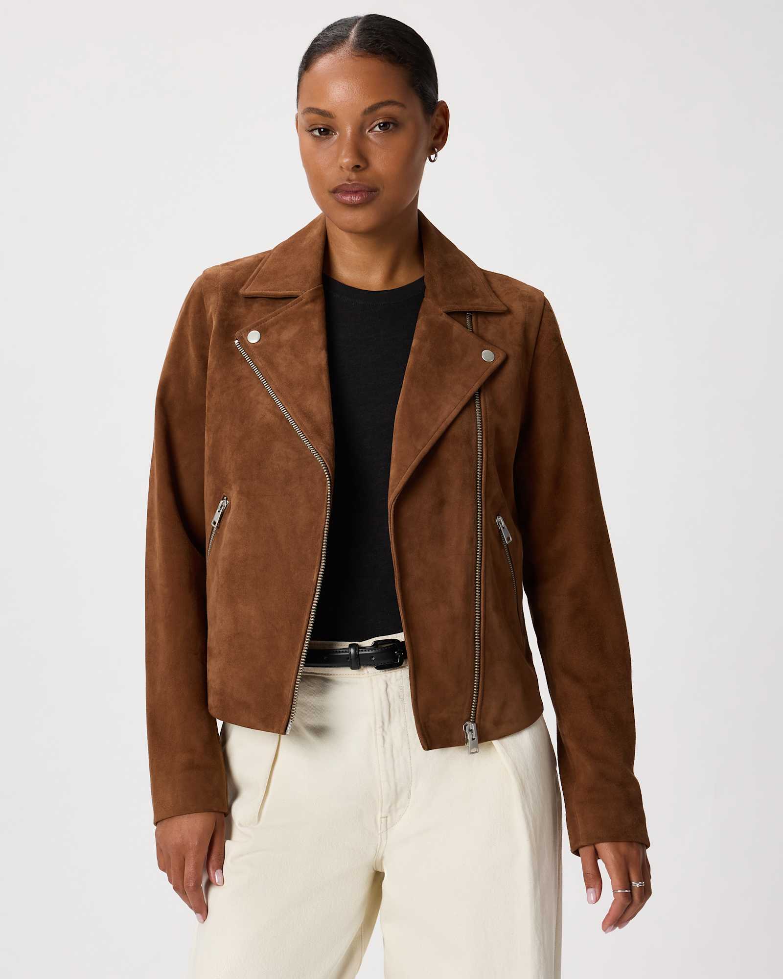 Dark Chestnut Brown 100% Suede Biker Jacket