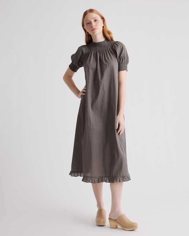 Charcoal 100% Cotton Swiss Dot Midi Dress
