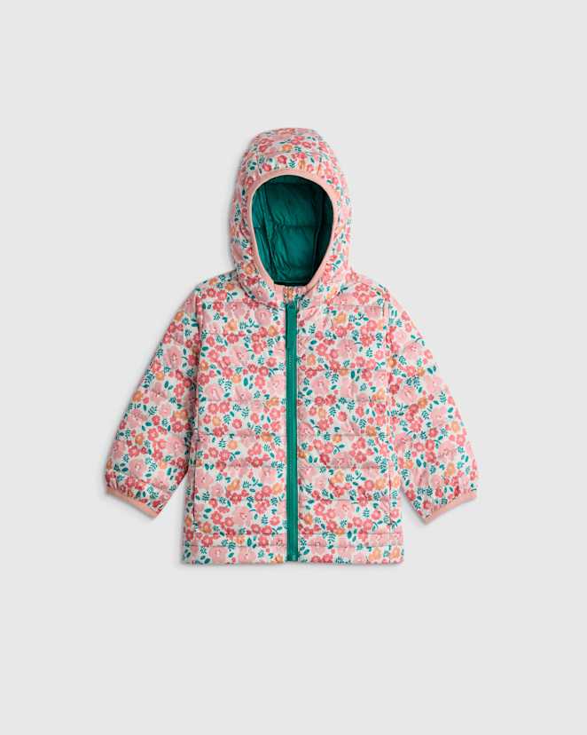 Pink/Green Floral Lightweight Down Hooded Puffer Jacket