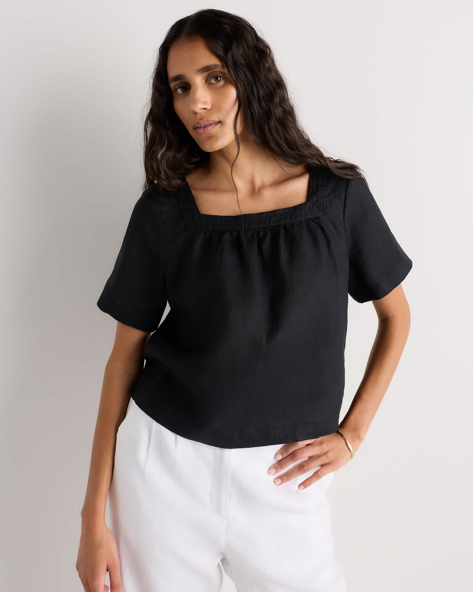 Black 100% European Linen Square Neck Swing Top