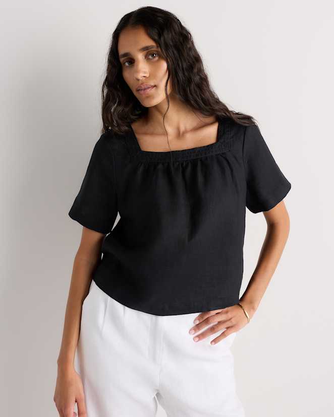 Black 100% European Linen Square Neck Swing Top
