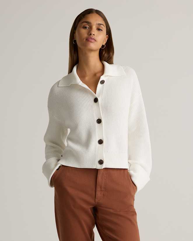 Ivory 100% Organic Cotton Fisherman Collared Cardigan