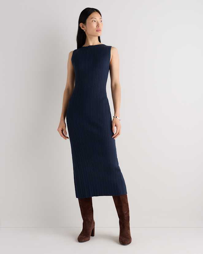 Atlas Navy Cotton Cashmere Ribbed Sleeveless Midi Dress