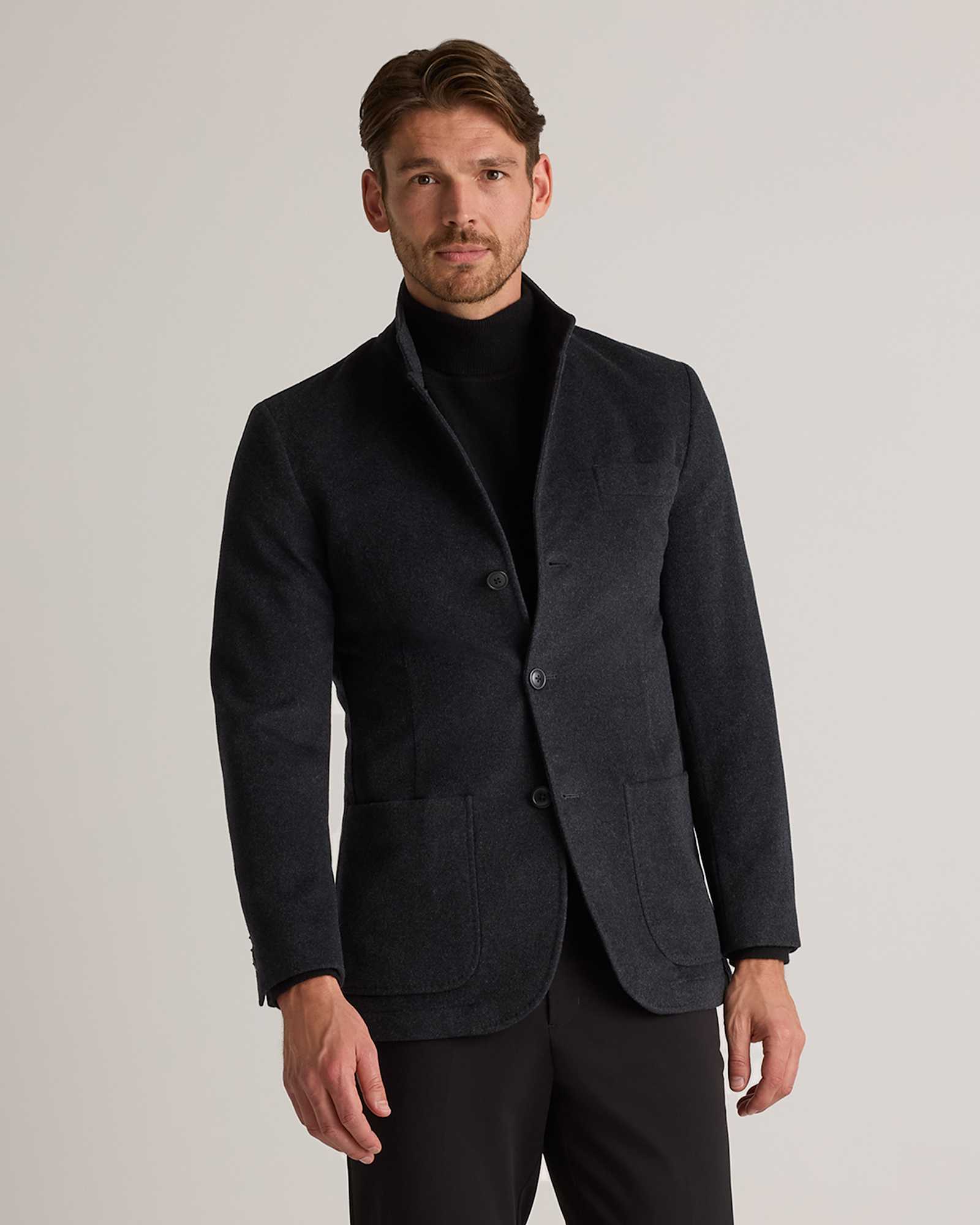 heather-graphite 100% Mongolian Cashmere Stand Collar Blazer