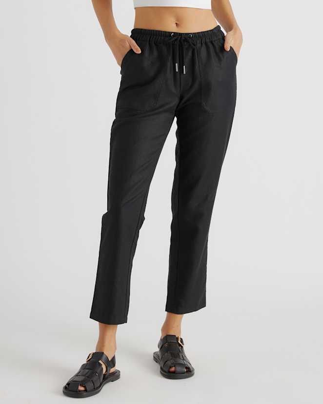 Black Cotton Linen Twill Straight Leg Pants