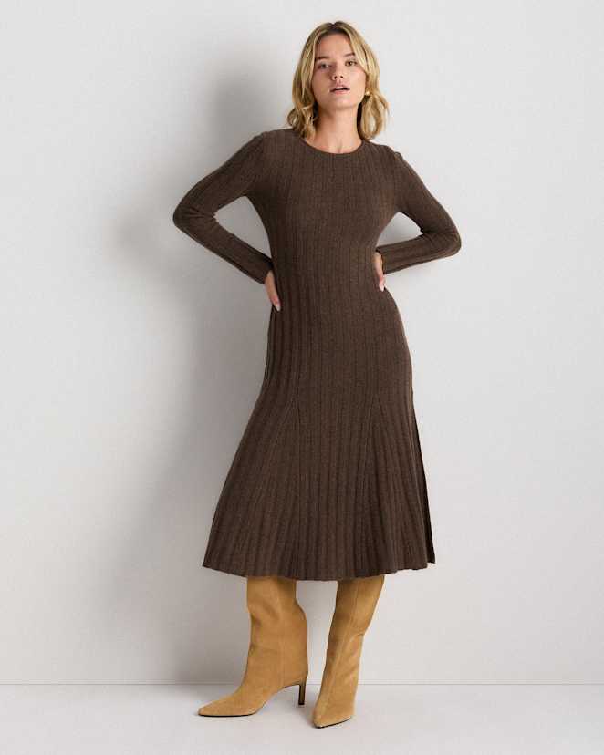 Brown Mongolian Cashmere Wide-Rib Midi Dress