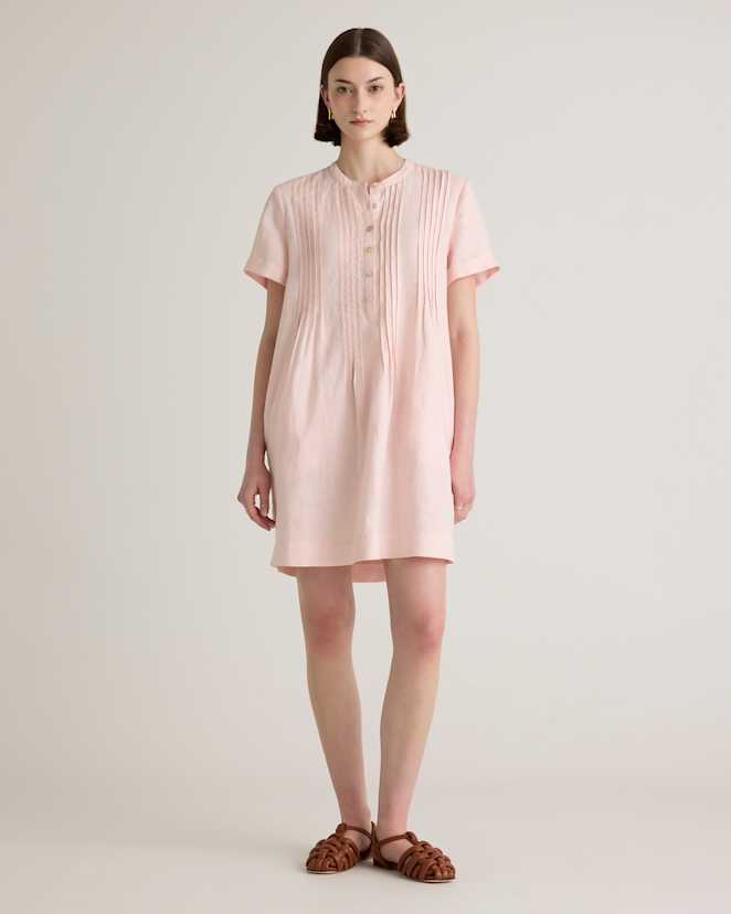 Pale Pink 100% European Linen Short Sleeve Swing Dress
