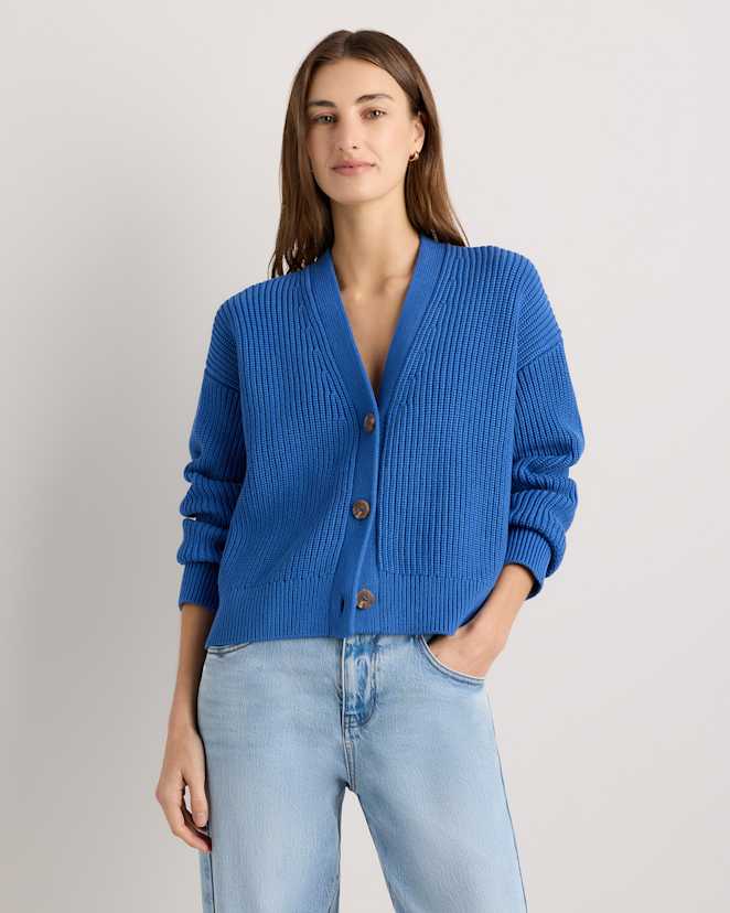 Sapphire Blue 100% Organic Cotton Fisherman Boxy Cropped Cardigan