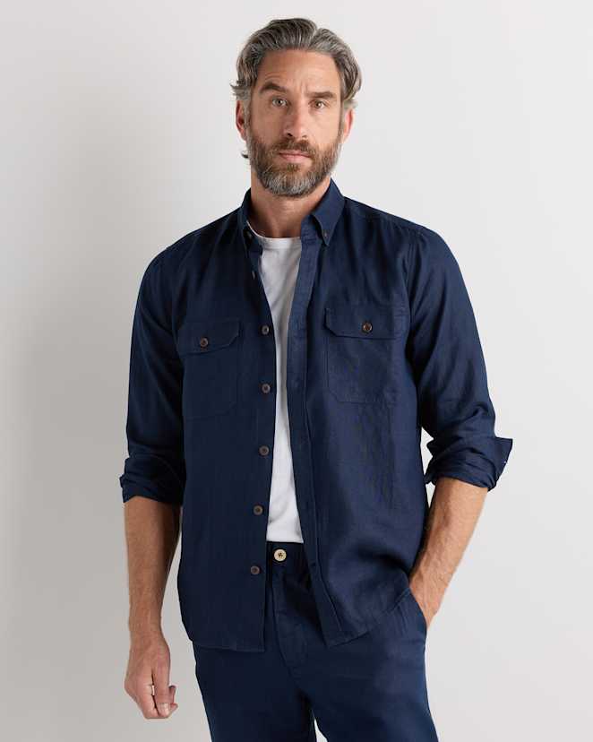 Deep Navy 100% European Linen Utility Shirt
