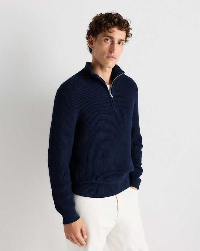 Navy 100% Organic Cotton Ribbed Quarter-Zip Sweater