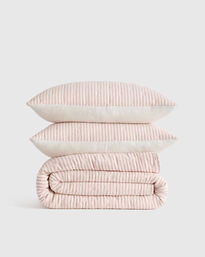 Dusty Mauve/White Stripe European Linen Patterned Quilt Set