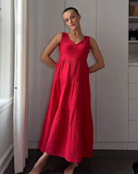 100% Organic Cotton Gauze Tiered Maxi Dress - PDP Video Thumbnail (Wild Cherry, 4x5)