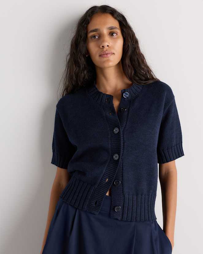 Deep Navy Cotton Linen Short Sleeve Cardigan