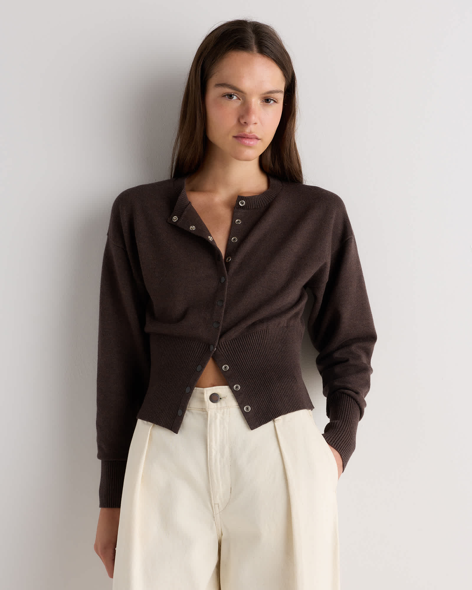 Mocha Heather Cotton Cashmere Structured Waist Cardigan