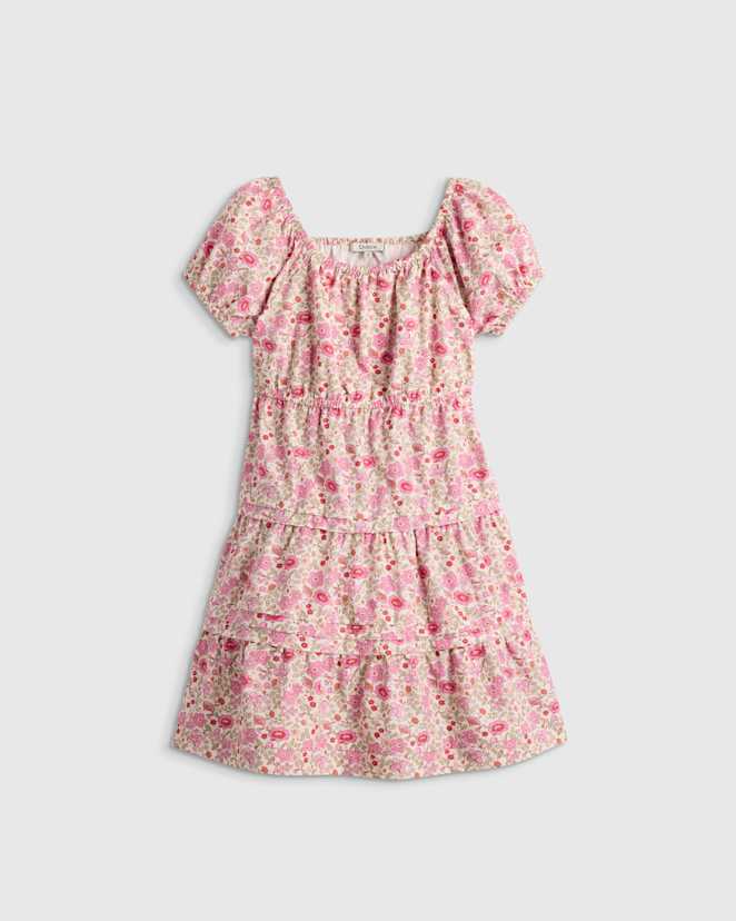 Pink Ditsy Floral 100% Organic Cotton Poplin Tiered Dress