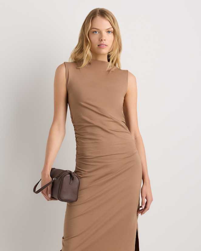 Mocha Brown Stretch Cotton Jersey Mock Neck Midi Dress