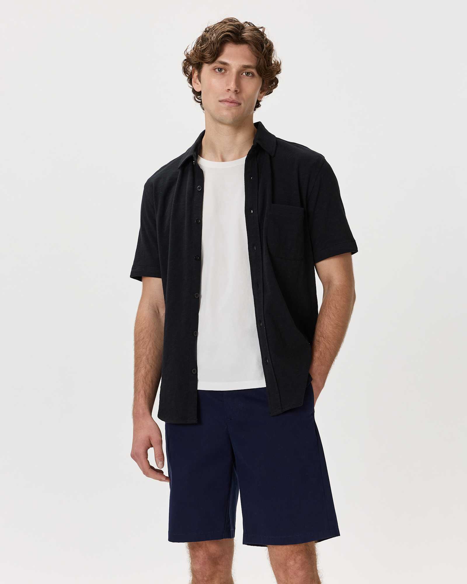 Bold Black 100% Organic Cotton Slub Short Sleeve Button Up Shirt