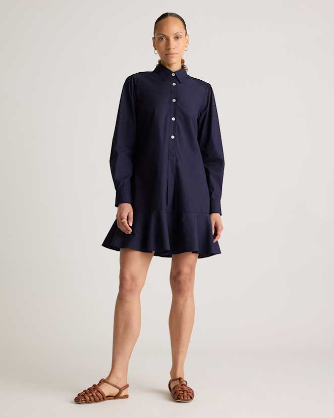 Navy 100% Organic Cotton Poplin Drop Waist Shirt Dress