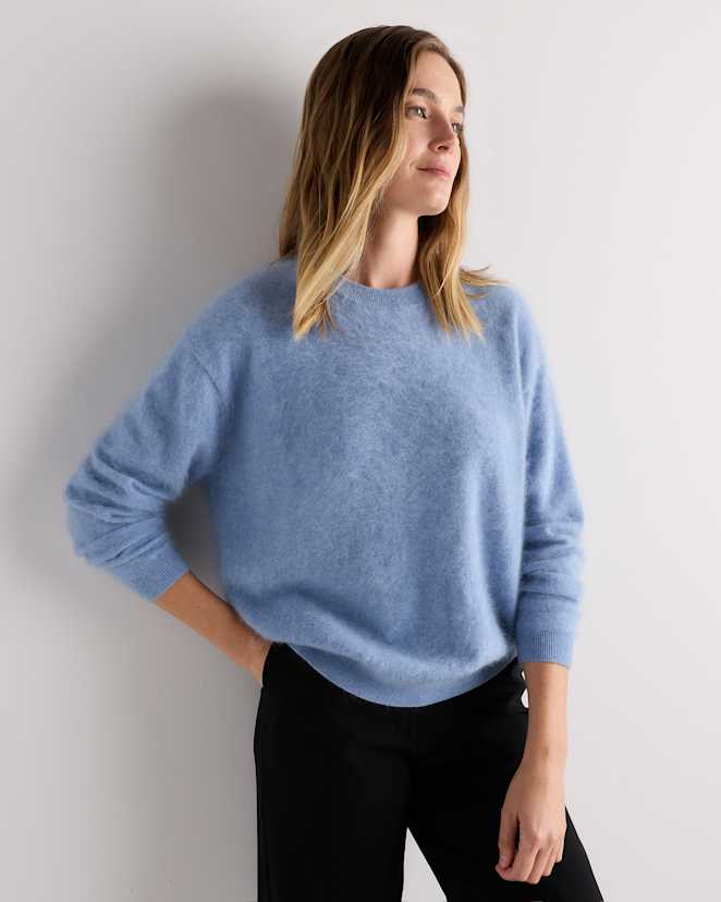Faded Denim Brushed Cashmere Relaxed Crewneck Sweater
