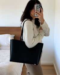 Italian Leather Triple Compartment Shopper Tote - PDP Video Thumbnail (Black, 4x5)
