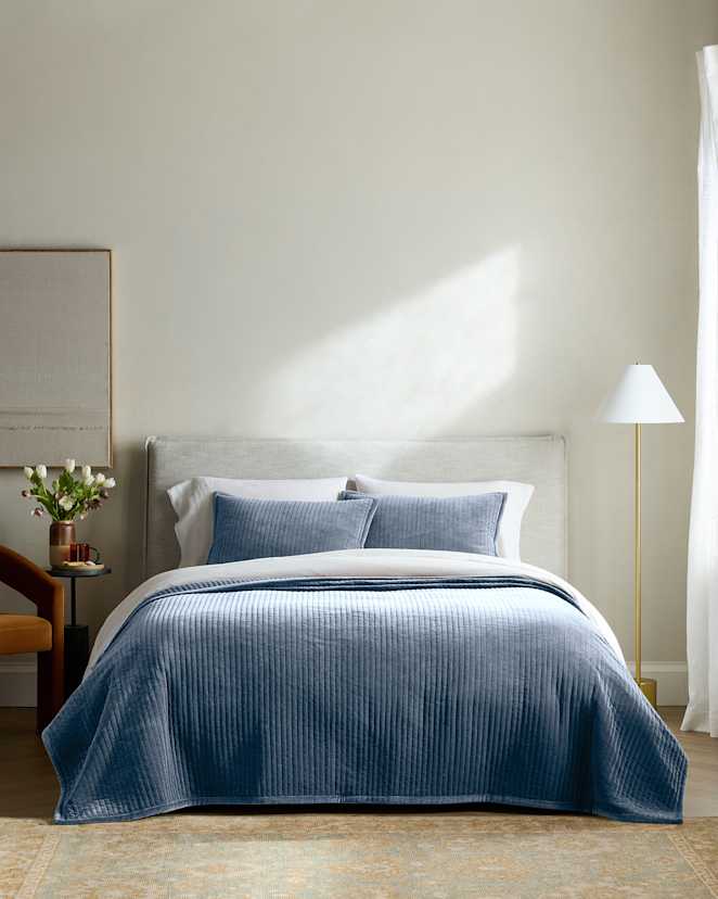 Glacier Blue Cotton Velvet Channel Quilt Set