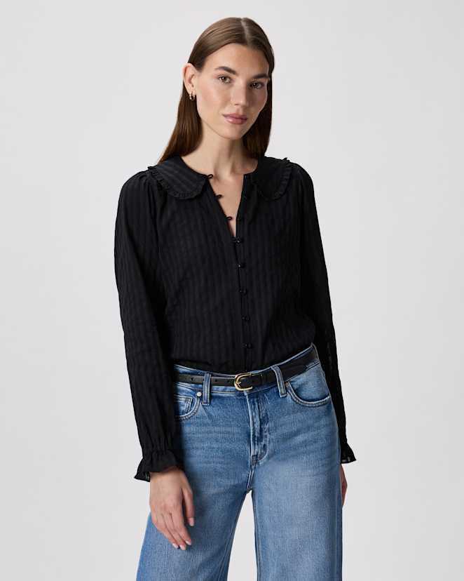 True Black Embroidered Cotton Ruffle Collar Long Sleeve Blouse