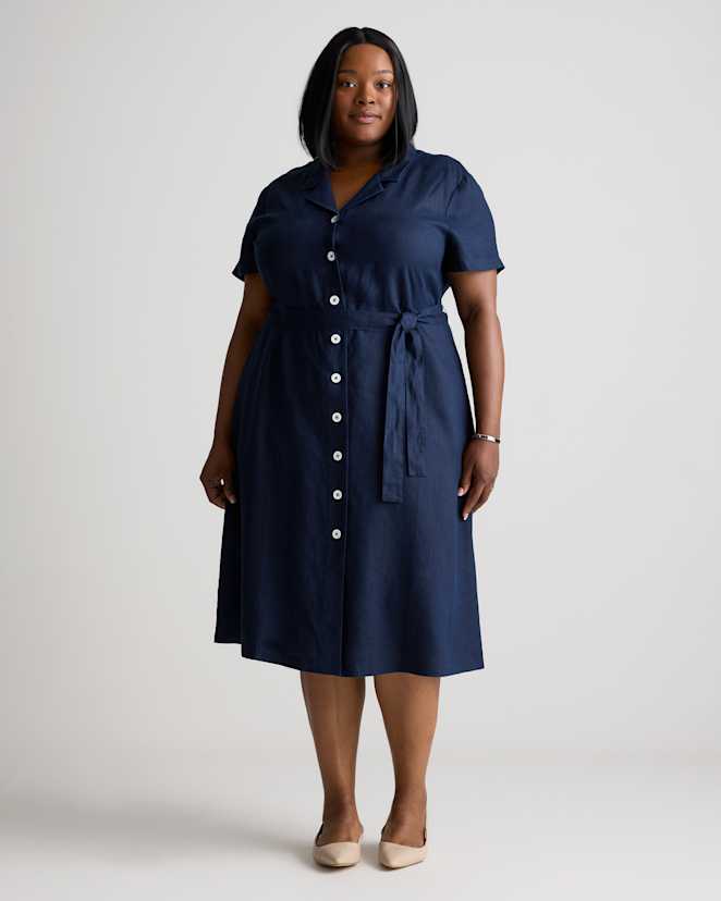 Deep Navy 100% European Linen Button Front Dress
