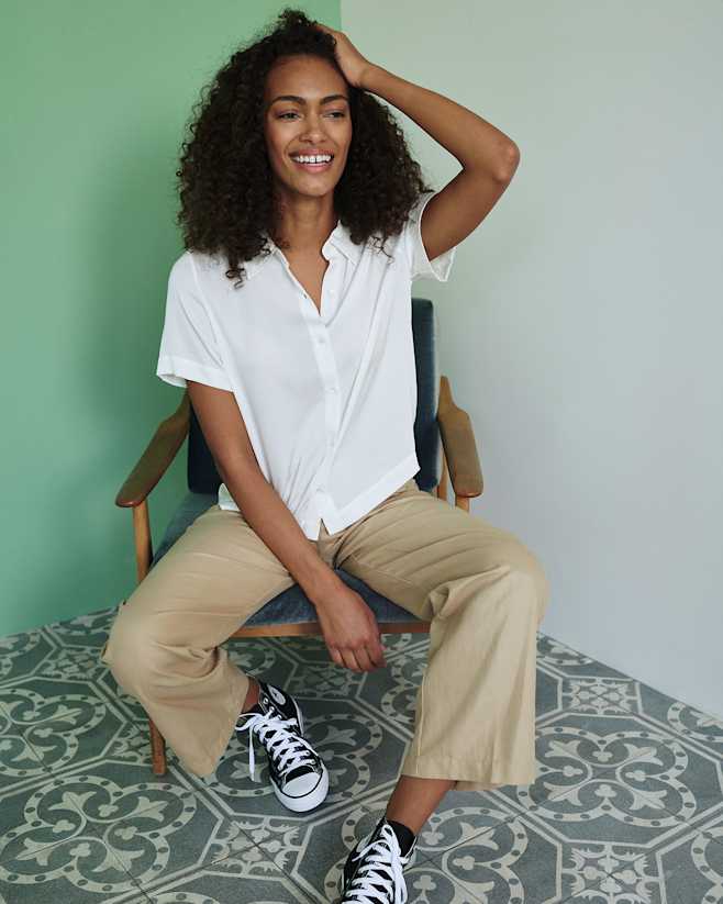 Ivory Washable Stretch Silk Short Sleeve Blouse