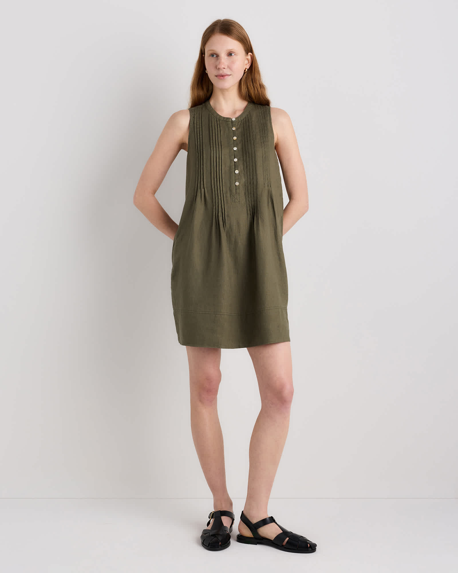 Bayberry Olive 100% European Linen Sleeveless Swing Dress