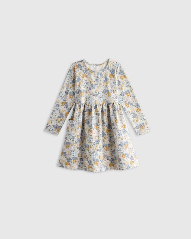 Grey Ditsy Floral Organic Cotton Long Sleeve Fit and Flare Pocket Dress