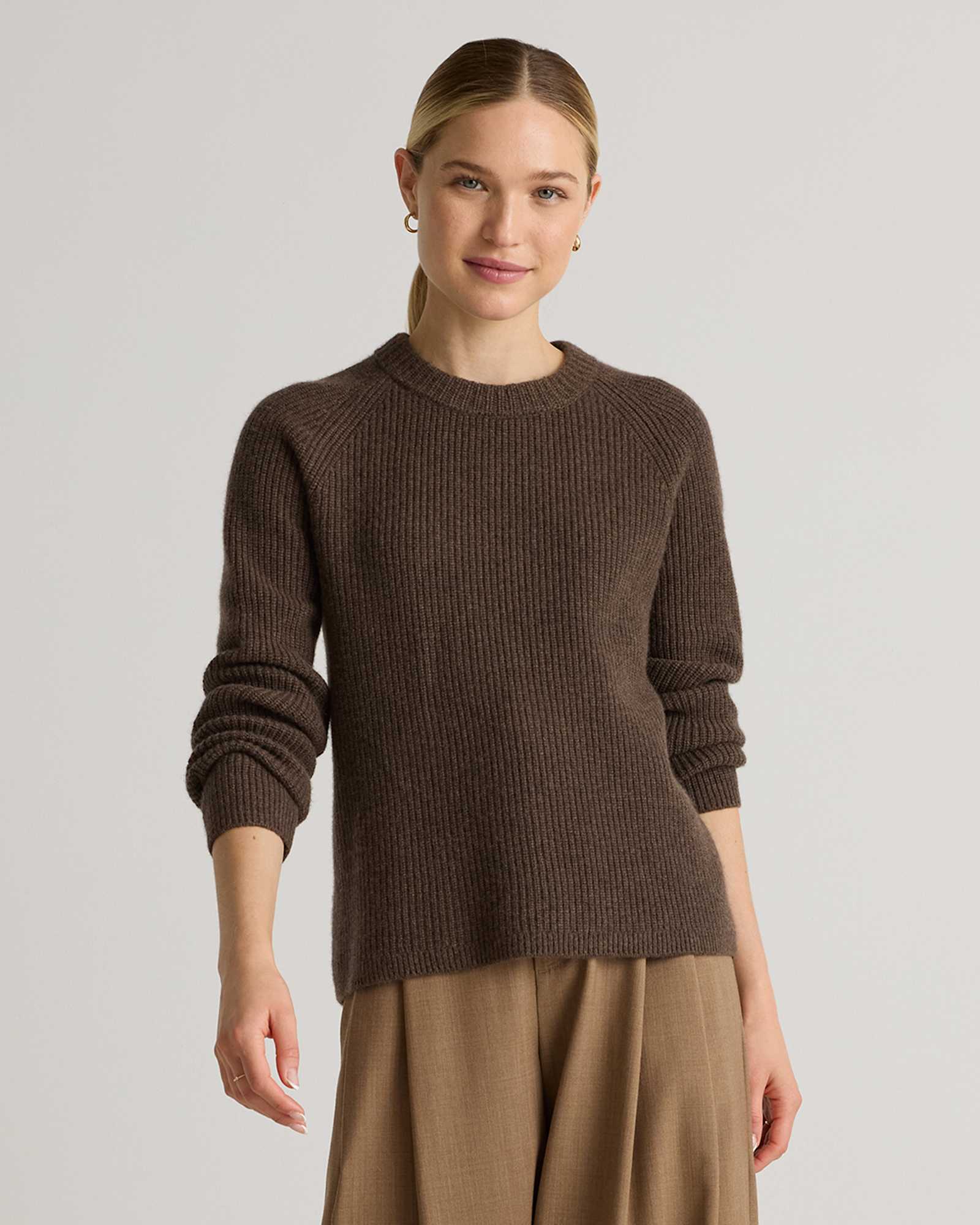 brown Mongolian Cashmere Fisherman Crewneck Sweater