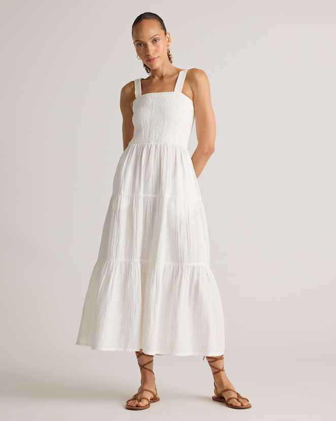 White 100% Organic Cotton Gauze Smocked Sleeveless Maxi Dress