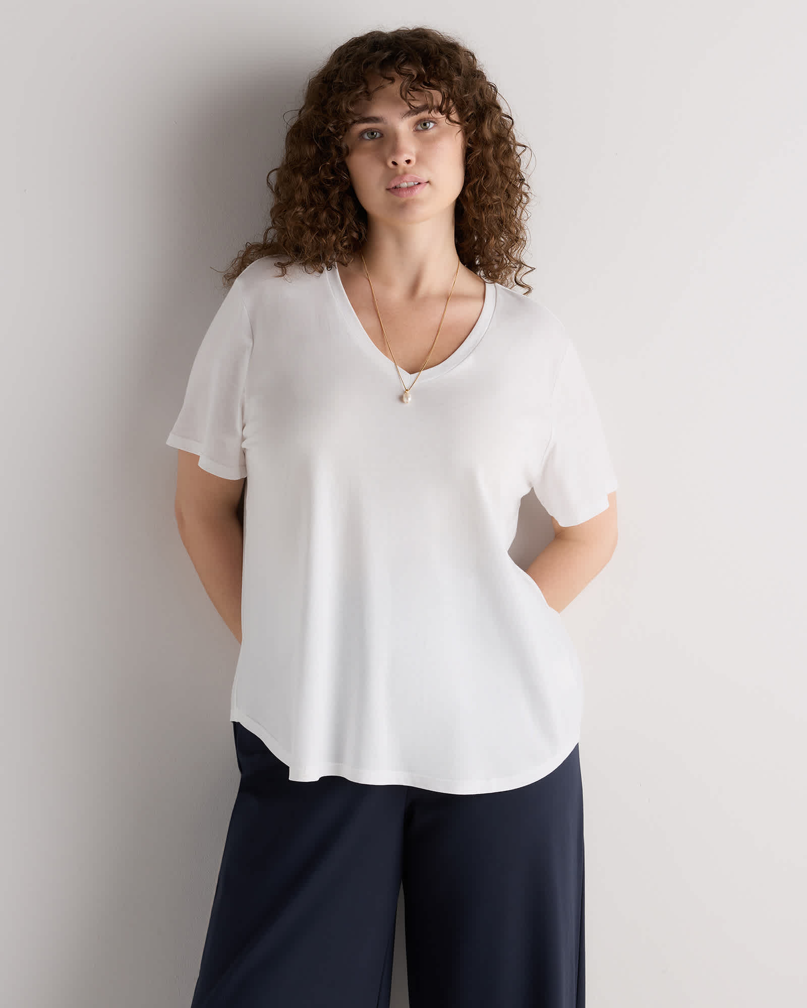 White Cotton Modal V-Neck Tee