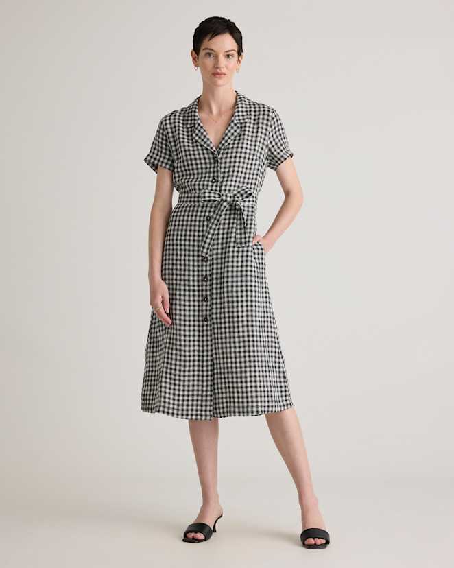 Khaki / Black Gingham 100% European Linen Button Front Dress