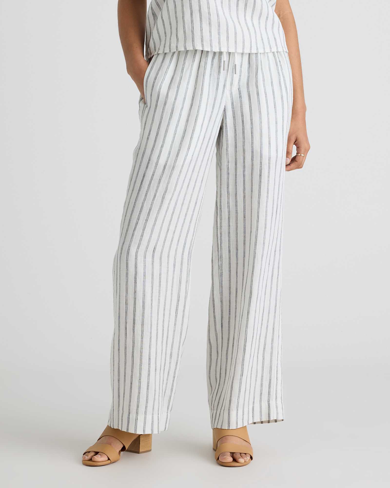 oatmeal-/-black-stripe 100% European Linen Wide Leg Pants